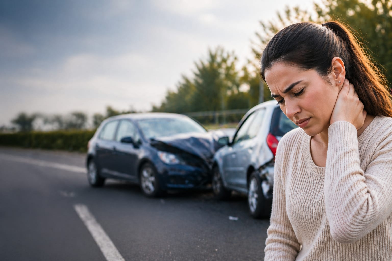 Woman holding her neck after a rear-end car crash — same-week chiropractic evaluation in Saint Paul